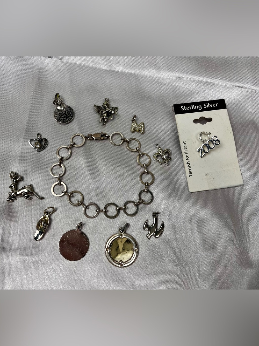 Sterling Silver Charm Bracelet & 11 Charms, Chunky